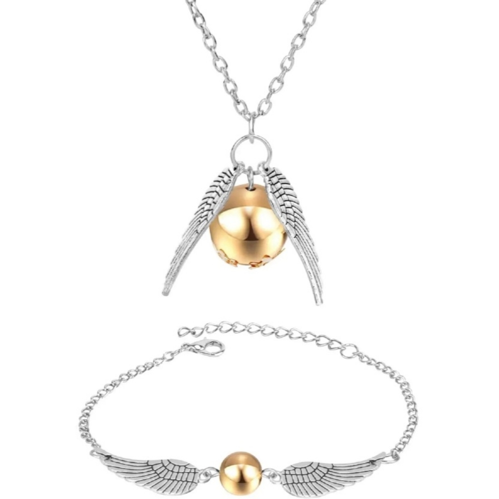 2pc Set Silver Angel Wings Gold Flying Orb Ball Bracelet & Pendant 20" Necklace